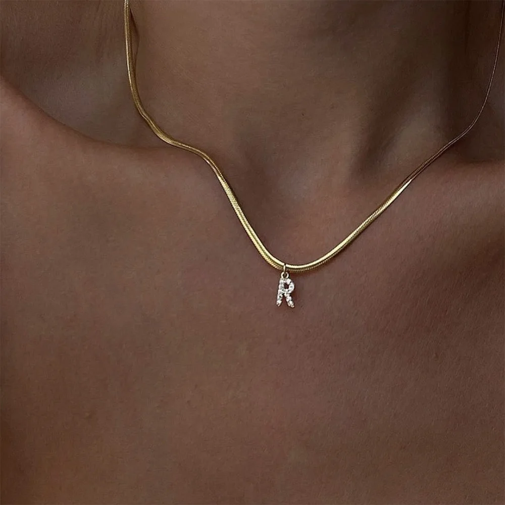 

A-Z Tiny Women Initial Necklace,Small Bling Letter Girl Chain Choker,Gold Tone Solid Stainless Steel Layered Collar Pendant