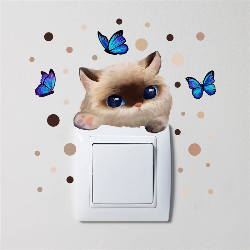 Lenoyn Cute Kitten Dot Butterfly Wall Stickers Switch Stickers Background Wall Home Decorative Wall Stickers Wallpaper images - 3
