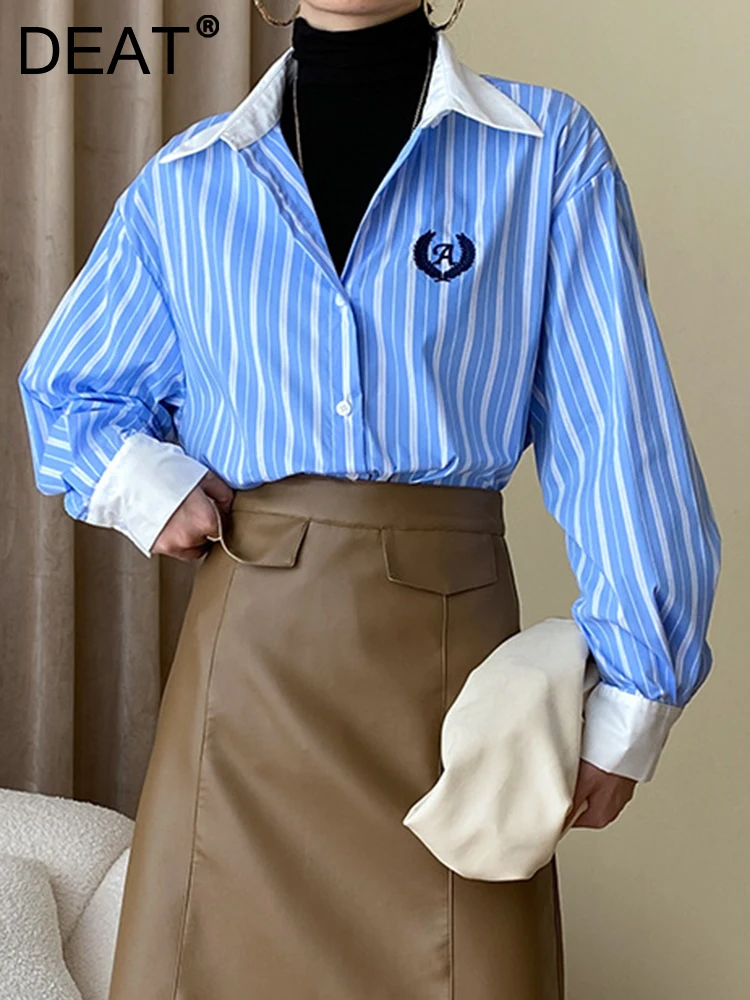 

DEAT Fashion Women's Stripe Shirt Lapel Single Braested Long Sleeves Letter Embroidery Blouses Female Autumn 2023 New 17A9951