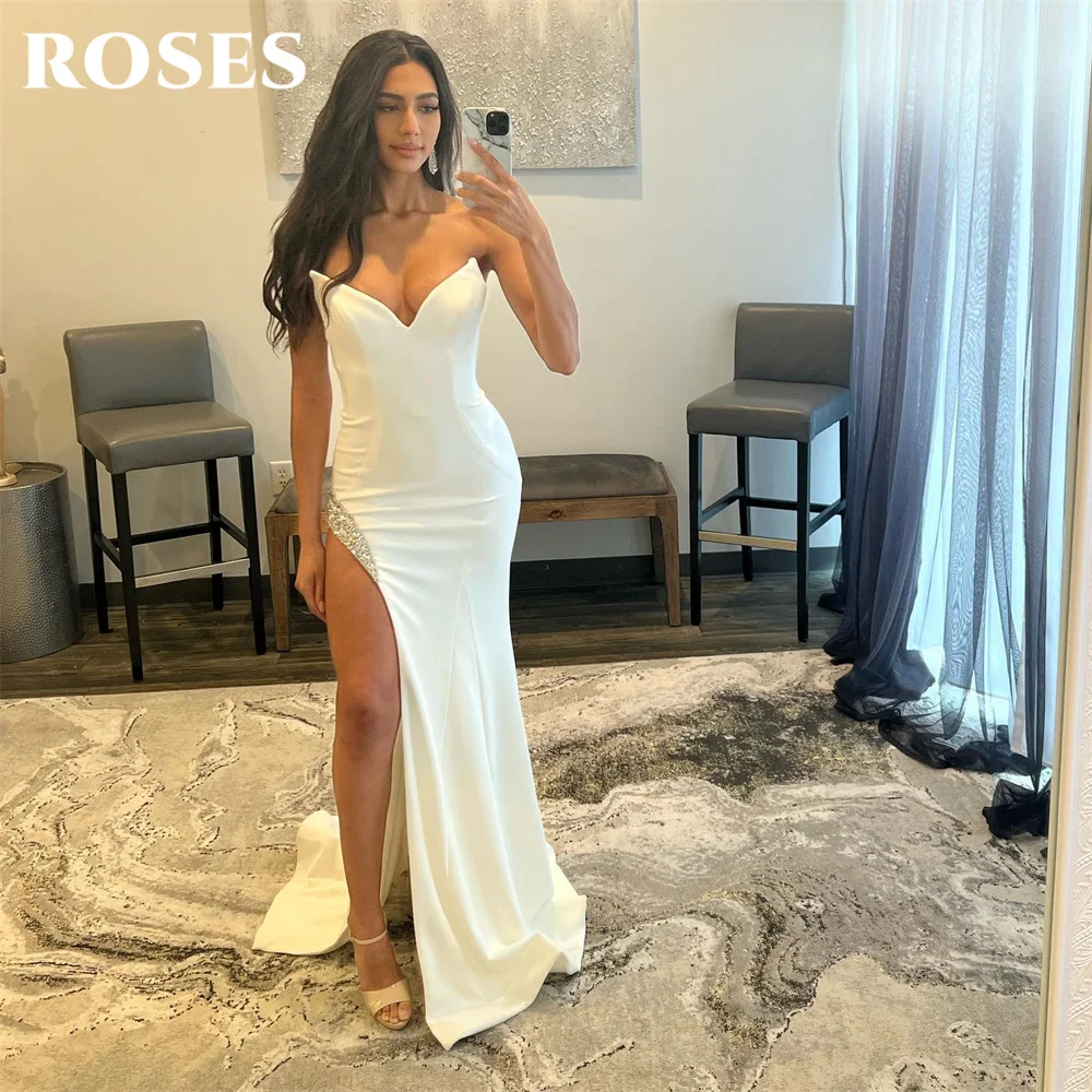 

Mermaid Sexy Long Party Dresses Vintage White Night Dresses V Neck Celebrity Dresses With Side Split Beading vestidos de fiesta