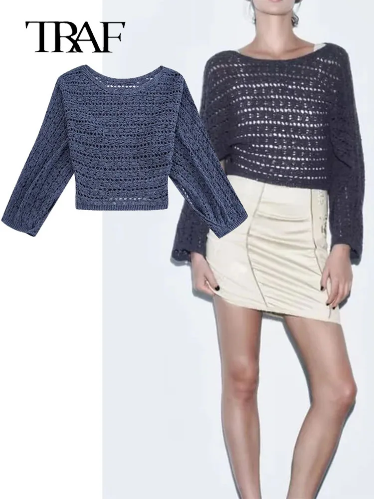 

TRAF Fashion Women Chic Knit Top With Cape Sleeves For Women Summer O-Neck Long Sleeve Hollow Out Sweater