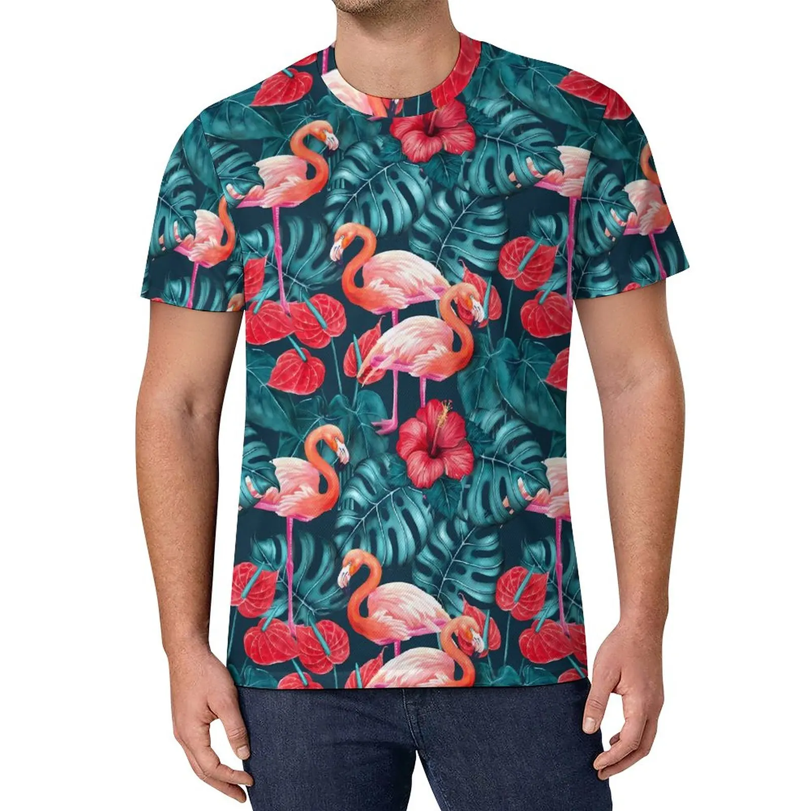 

Футболка с тропическими птицами, футболки в уличном стиле с фламинго и цветами, футболка в стиле хиппи, мужские топы с графическим рисунком, ...