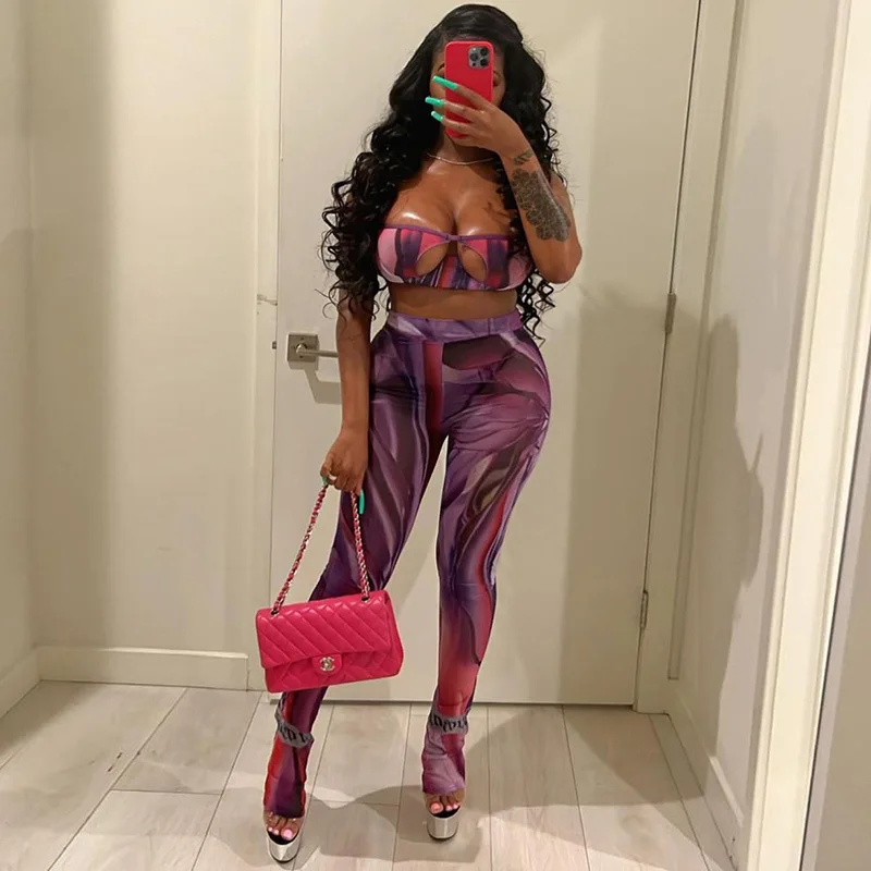 

2023 Summer Women's Sexy Hollowed-Out Mesh Suspender Vest High-Waist Perspective Close-Fitting Printed Trousers Suit