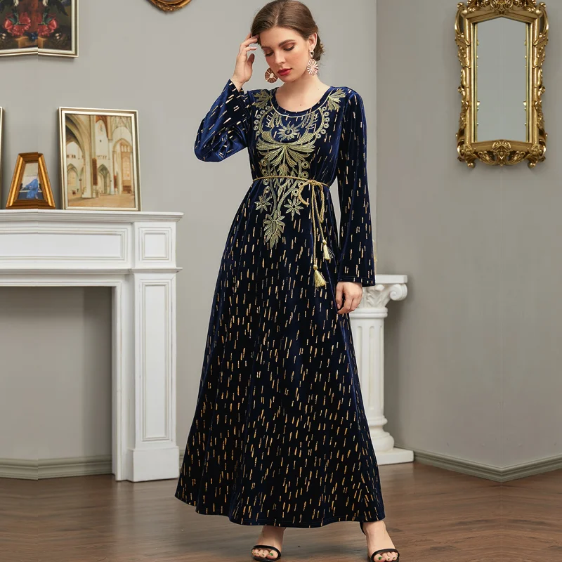 

Muslim Fashion Arabian Women's Blue Plant Embroidered Casual Gold Velvet Tunic Dress Kaftan Vestidos Largos Abayas for Women New