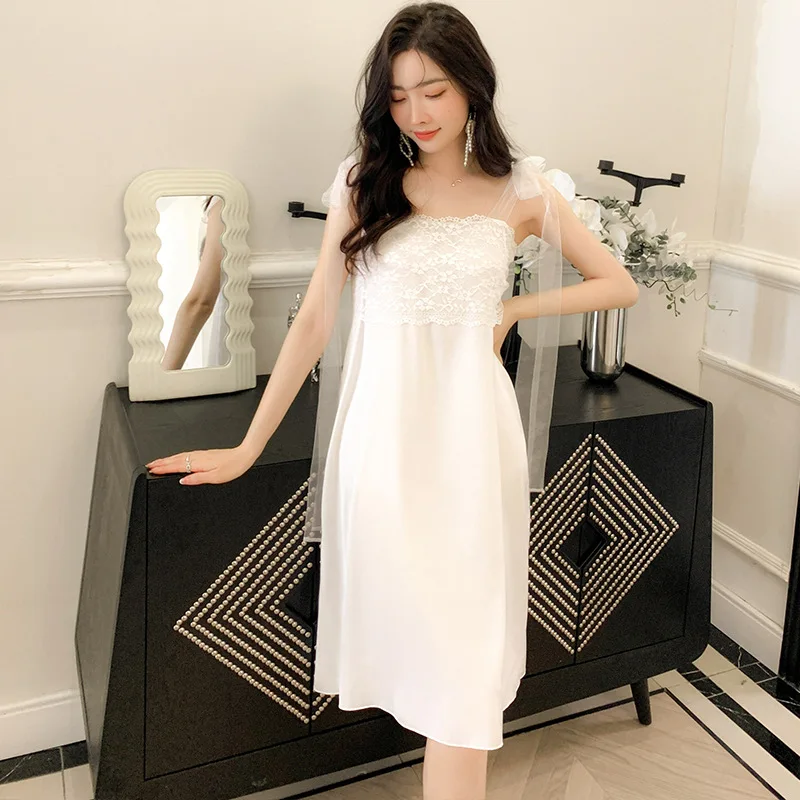 Palace Style Stain Pajamas for Women Nightwear Silk Nightgown  Lace Solid Sleeveless Loungewear Vestidos Suspenders Sleepdress