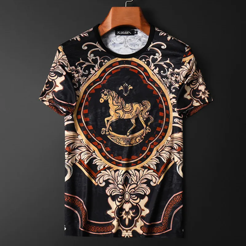 

Animal Horse Print Slim T-shirt Social Club Outfits Tshirt For Men Summer Baroque Black Gold Short Sleeve Casual Tee Shirt Homme