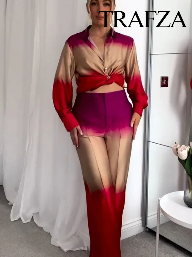 

TRAFZA Summer Suit For Women Tie Dye Turn-Down Collar Long Sleeve Single Breasted Blouse+Gradient Color Zipper Wide Leg Pants