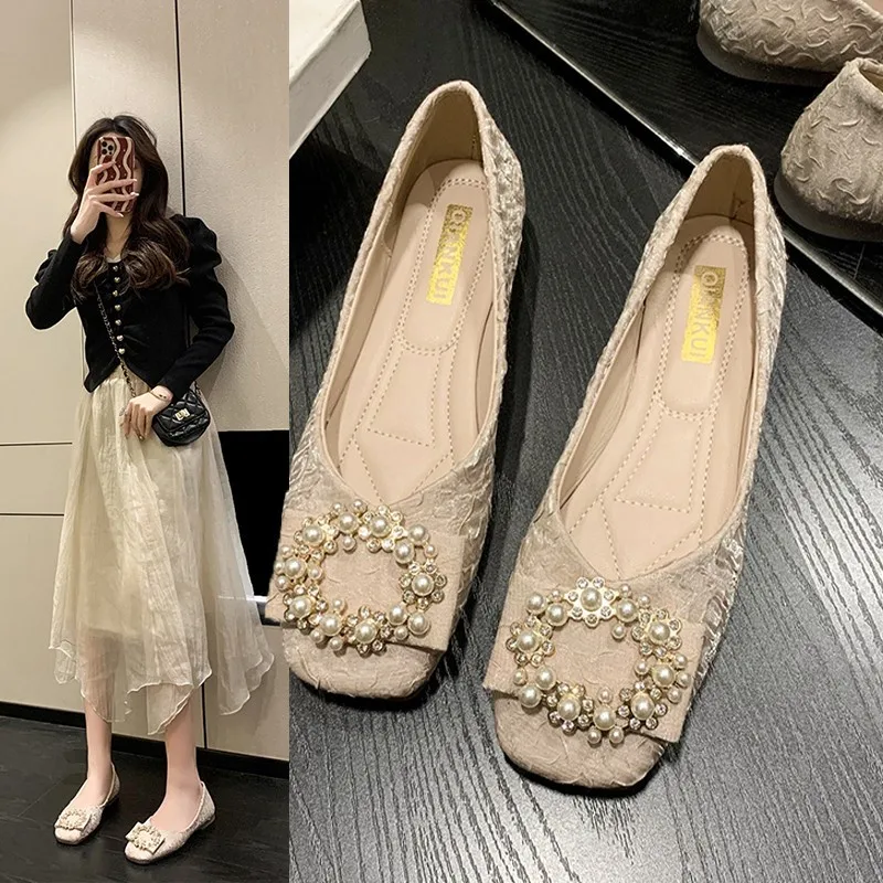 

Shoes Woman 2023 Mixed Colors Female Footwear Square Toe Pearl Decorateion Shallow Mouth Casual Sneaker Modis New Dress Moccasin