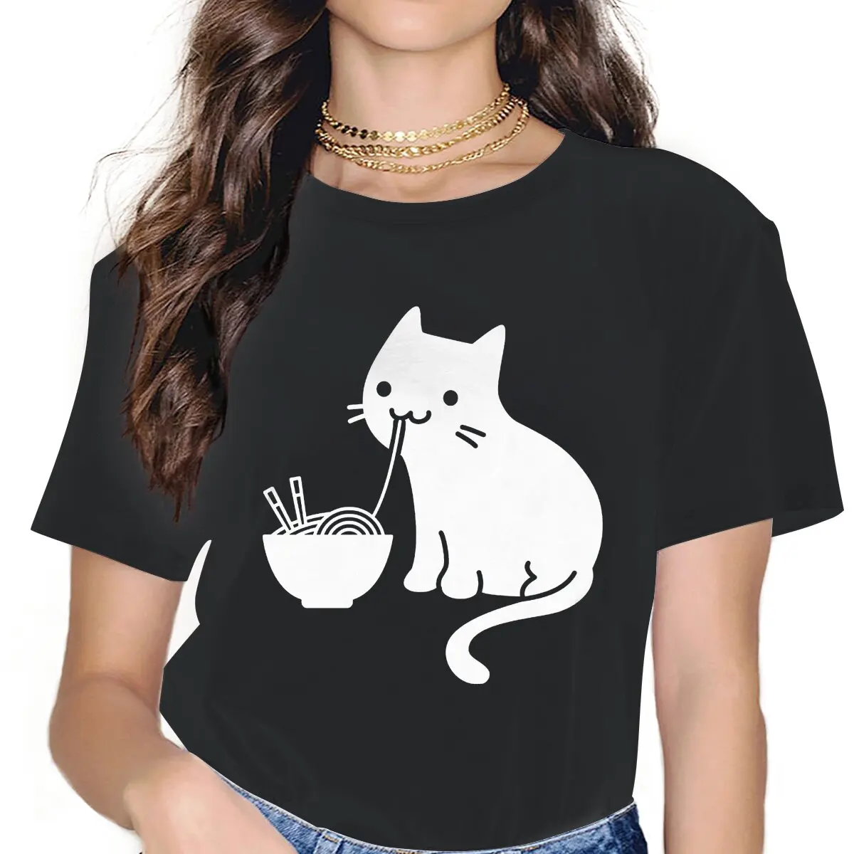 

Cool Eating Ramen T-Shirts for Women Crew Neck Pure Cotton T Shirts Cat Moggy Cartoon Cute Kitten Alley Animal Tee Shirt