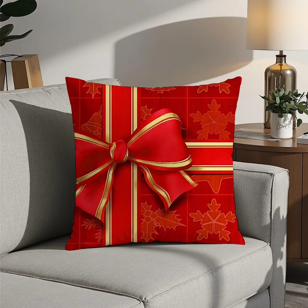 Christmas Gift Box Bow Pillow Case Plush Fabric Soft Pillowcase Double Sided Print Cushion Cover Household Gifts