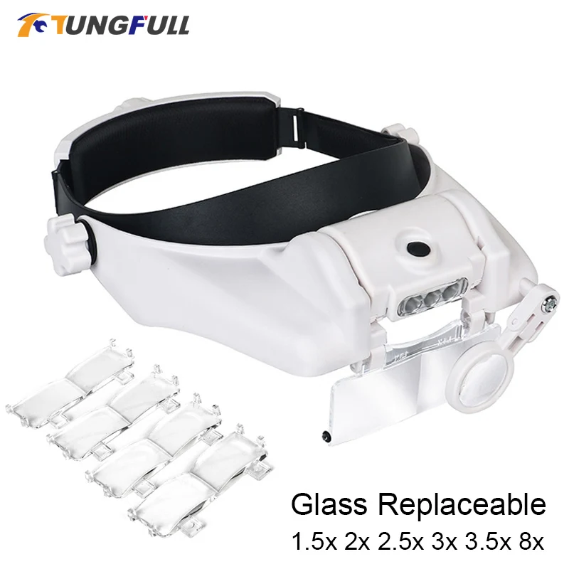LED Headband Magnifier Hands Free Magnifying Glasses For Jewelry Loupe Watch Electronic Repair 1.5x2x2.5x3x3.5x8x Lens Loupe