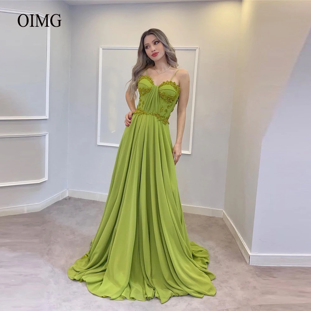 

OIMG New 2022 Long Evening Dresses Applique Beads Sweetheart Spaghetti Straps Lace Up Back Prom Gowns Chiffon Formal Dress