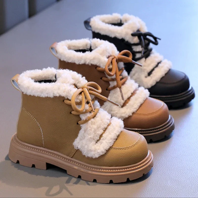 

Children's Cotton Boots Solid Color Outdoor Warm Kids Plush Shoes Winter Furry Fashion Thick Bottom Girls Short Boots Versatile