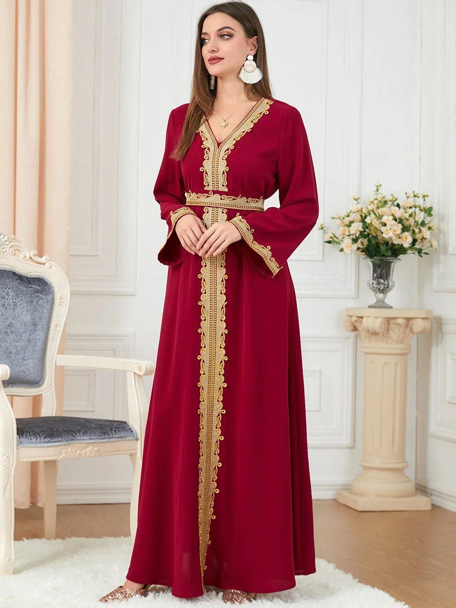 V-neck Arab Morocco Muslim Fashion Long Dress Elegant Abaya Women Embroidery Maxi Dresses Abayas Dubai Turkey Islam Kaftan