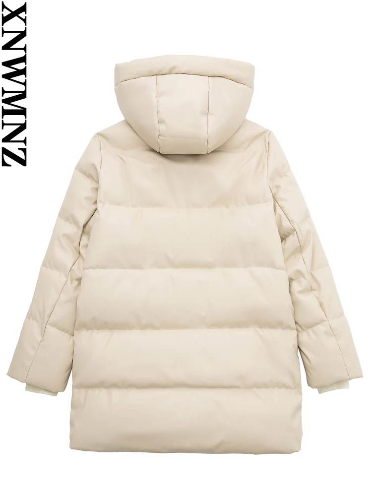 XNWMNZ Women Fashion Faux Leather PU Thick Thermal Padded Clothes Hooded Long Sleeve Zipper Female Chic Warm Jacket Outerwear