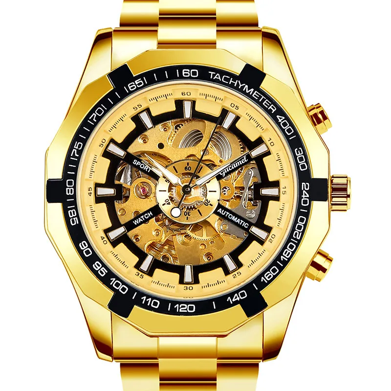 

GUCAMEL Men's Gold skeleton mechanical watch fashion diamond luminous men's watch top brand luxury steel strap unisex