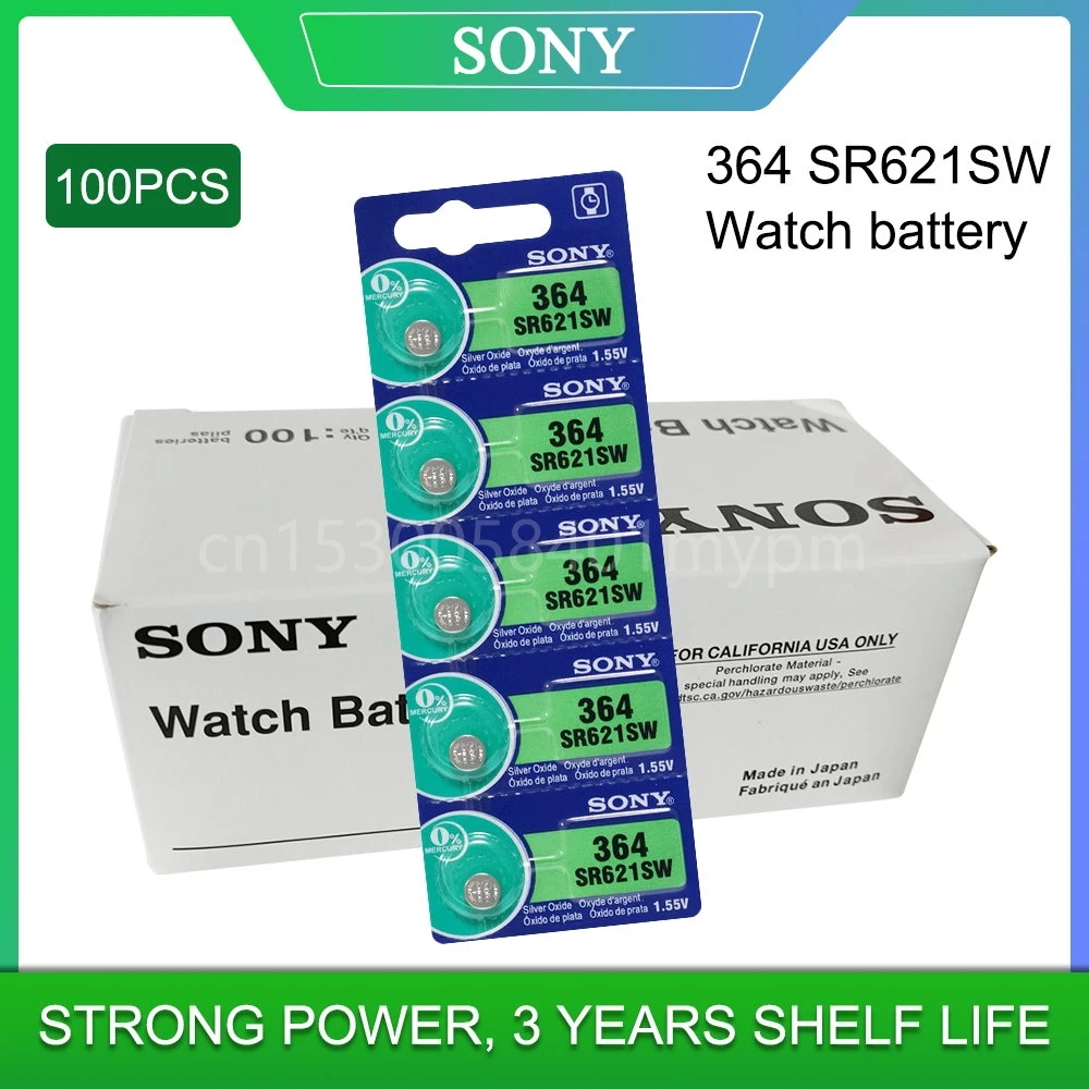 

100Pcs/Lot FOR SONY LONG LASTING AG1 364 LR621 164 531 SR60 SR621SW 1.55V Watch Battery Button Coin Cell 100% Original Brand