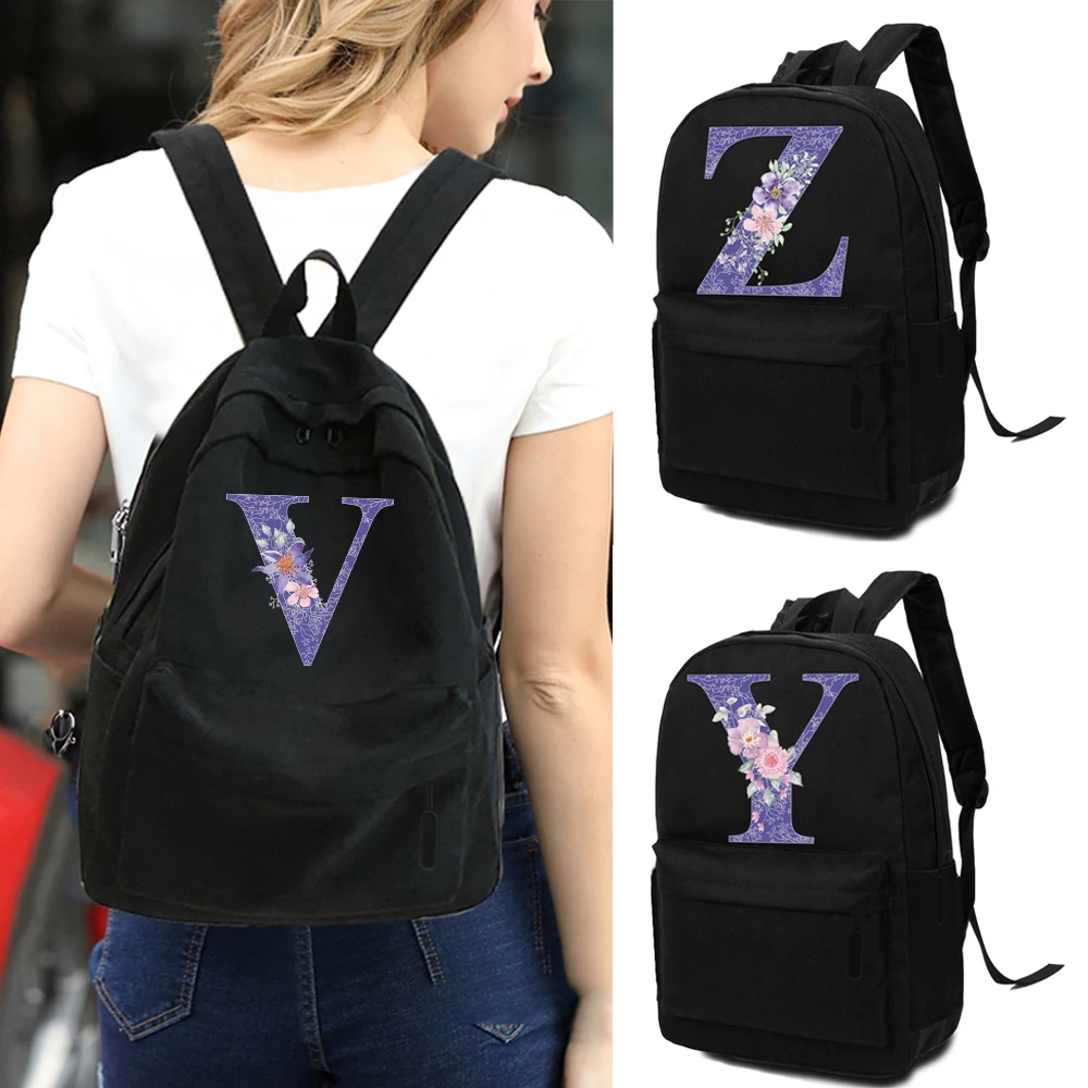 

Women Canvas Fashion Backpack Simple Style School Bags for Students High Capacity Organizer Travel Bag Letter Bag with Flowers