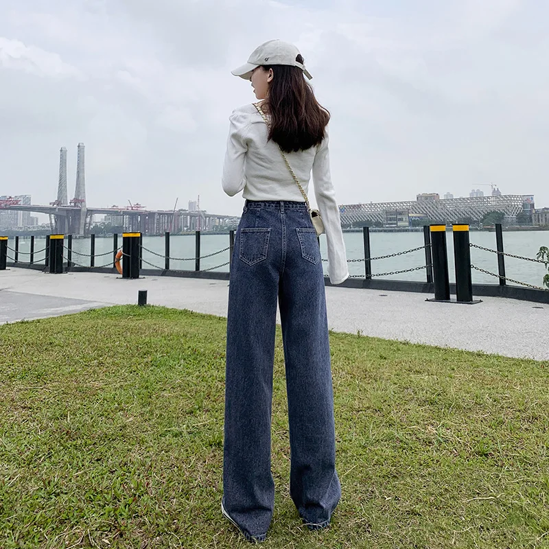 Vintage Jeans Woman High Waist Wide Leg Straight Loose Denim Pants with Button Blue/Black Fashion Harajuku All-match Streetwear