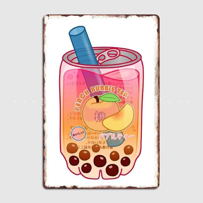 

Japanese peach bubble tea Metal Plaque Poster Wall Mural Kitchen Designing Plaques Tin Sign Posters