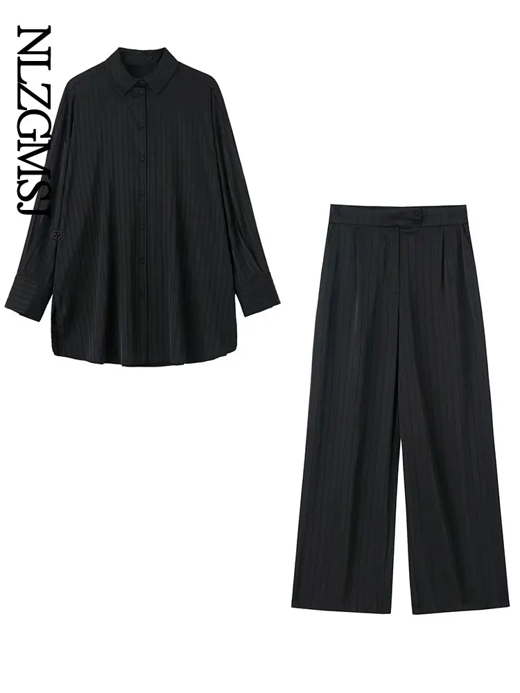 

Nlzgmsj Women Elegant Striped Print Two Piece Set Loose Long Sleeve Blouses And High Waist Wide Leg Pants Suit Female Outfits