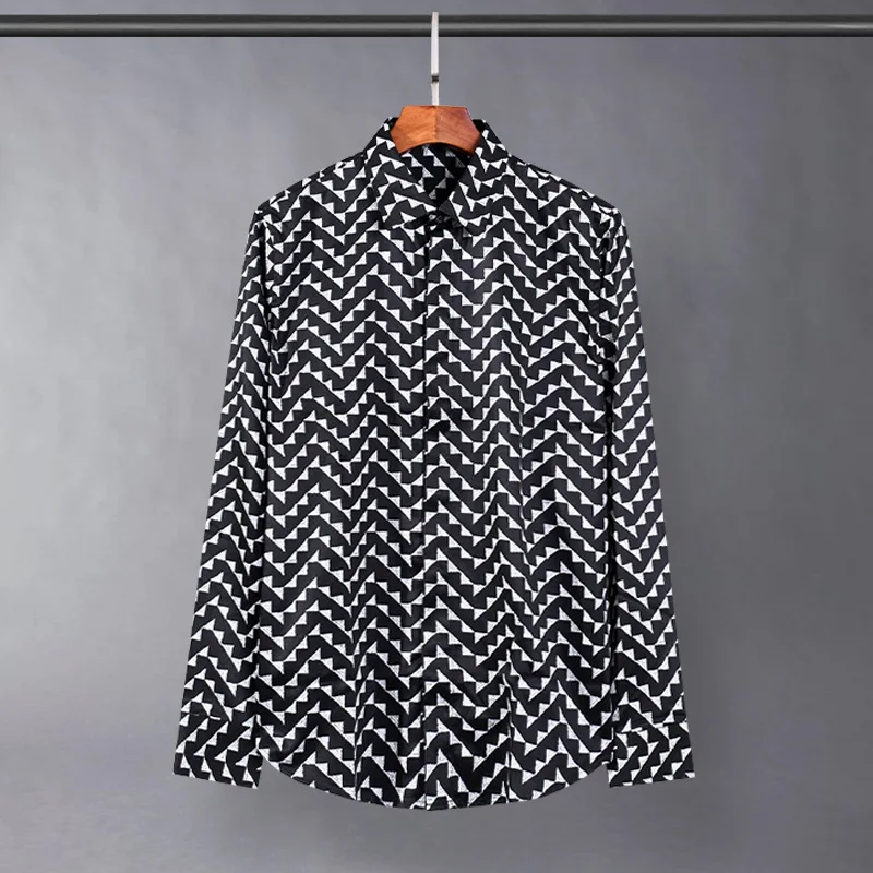 

Luxurious Silk Geometric Print Shirts Men High Quality Long Sleeve Casual Business Dress Shirts Social Party Tuxedo Blouse 2022