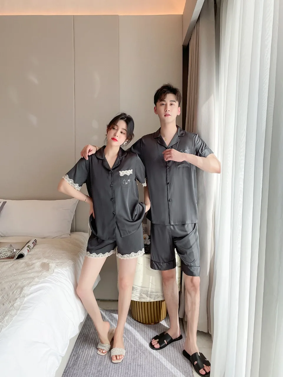 [Women's pajamas] [high-quality]Couple Ice Silk Pajamas Men's Summer Thin Network Red Advanced Women's Spring Home FurnishingSet