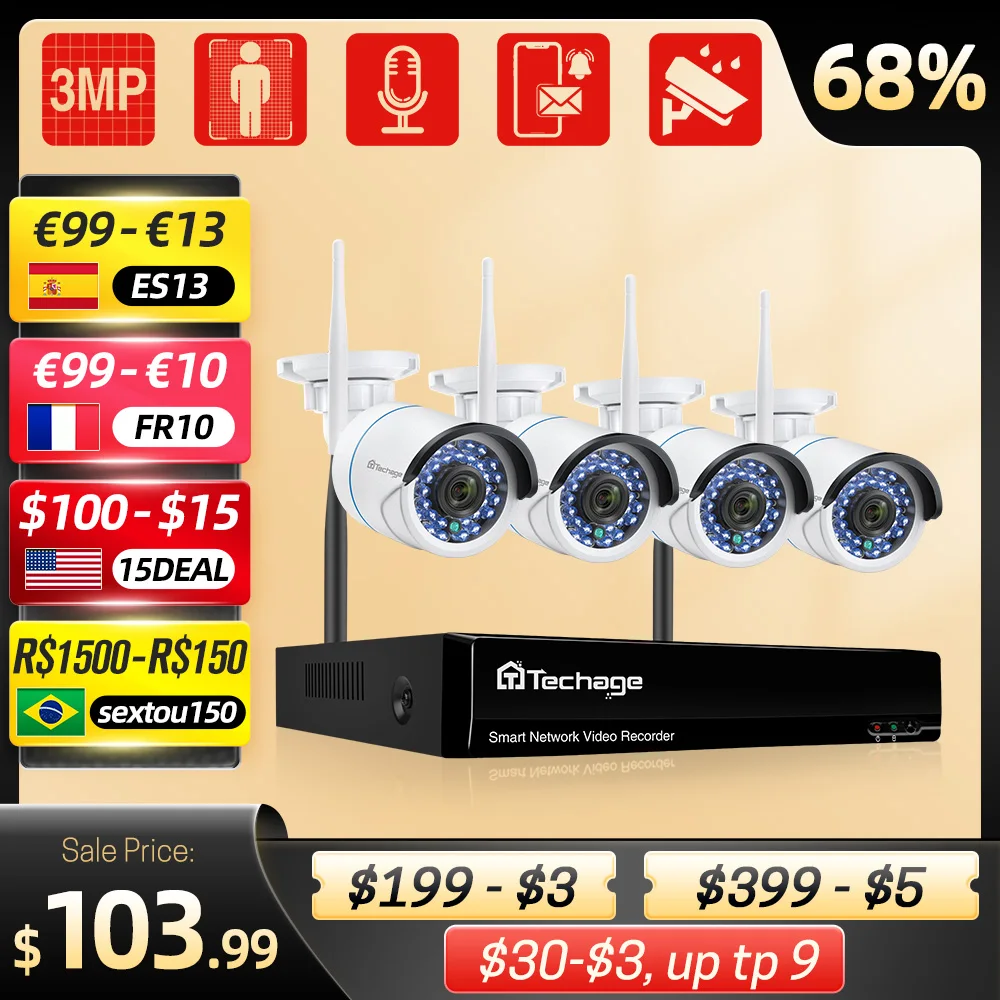 

Беспроводная система видеонаблюдения Techage, H.265, 8 каналов, 3 Мп, умная уличная Водонепроницаемая ИК-камера с записью звука, комплект видеонабл...