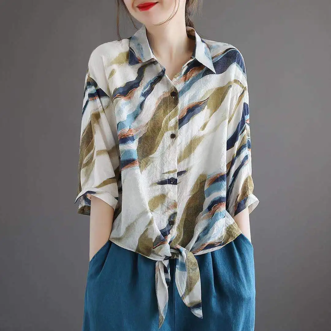 

Cotton Linen Printed Women Shirts Summer Vintage 2022 Turn-Down Collar Bow Straight Casual All Match Female Outwear Tops