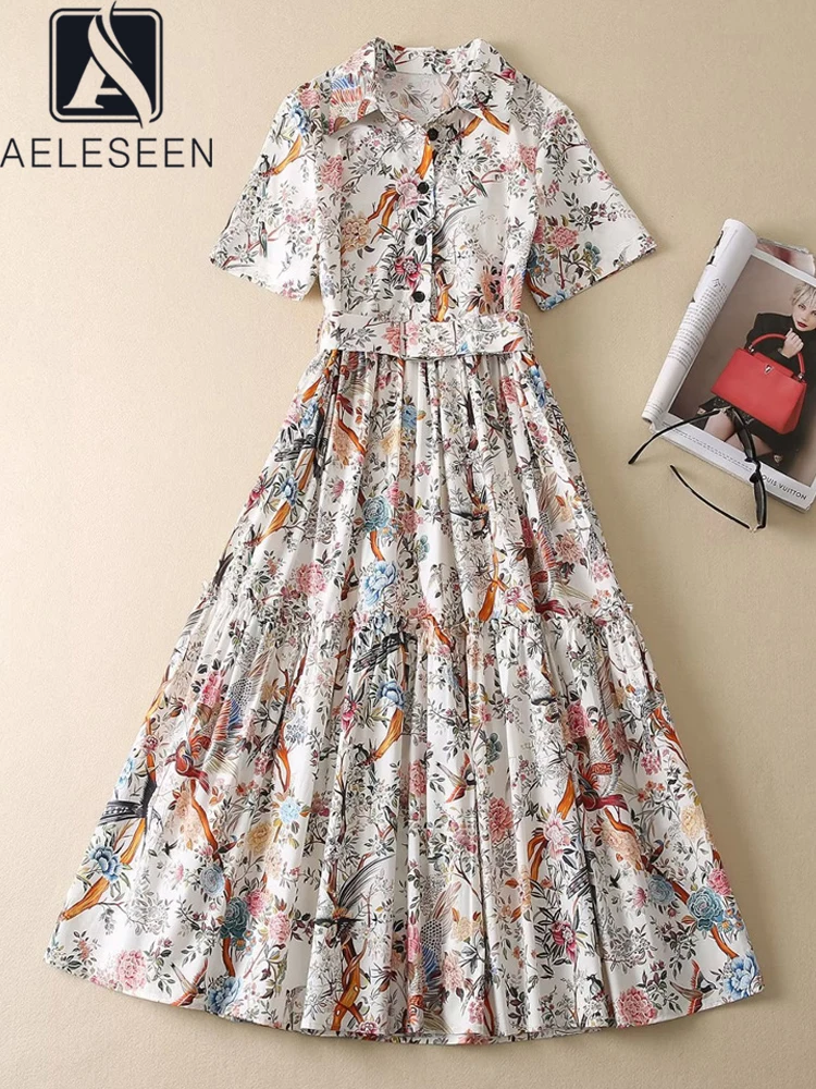 AELESEEN Designer Fashion Women 100% Cotton Dress 2023 Spring Summer Turn-down Collar Flower Print Elegant Midi Party Vacation