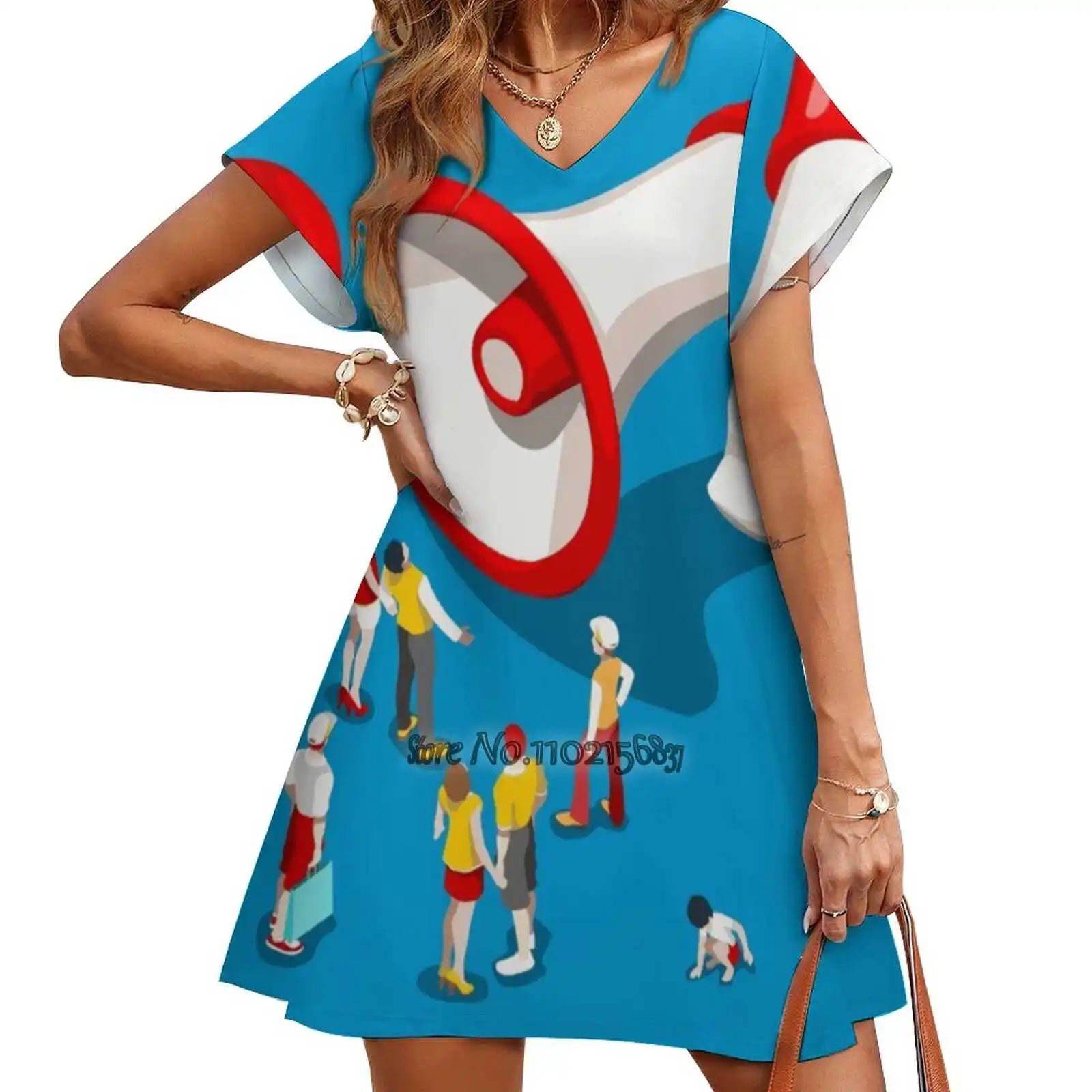 

Женское платье-трапеция с V-образным вырезом и коротким рукавом