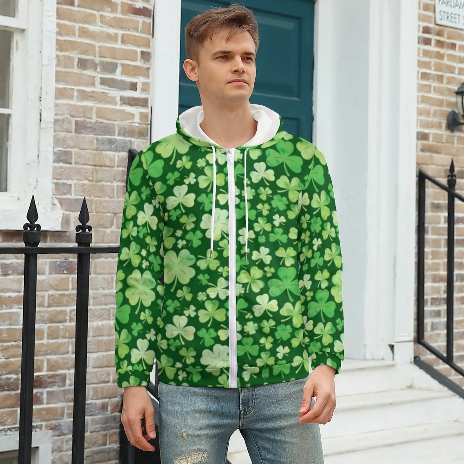 

St Patrick's Day Hoodies Green Watercolour Lucky Shamrock Polyester Zip Up Hoodie Fashion Autumn Hoodie Plus Size