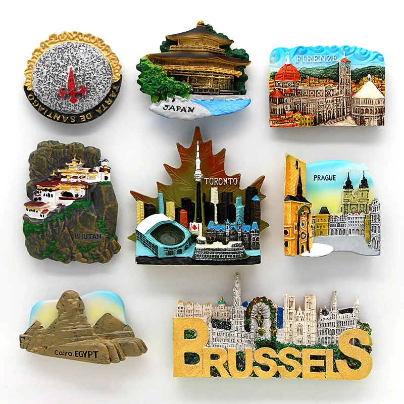 

Fridge Magnets Room Decoration Magnetic Refrigerator Paste Resin Building Souvenir Tourists Prague Square Bhutan Santiago Chile