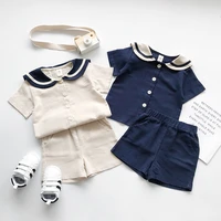 kids sets 2022 summer new small and medium sized boys and girls navy style cotton and linen short sleeved shorts suit