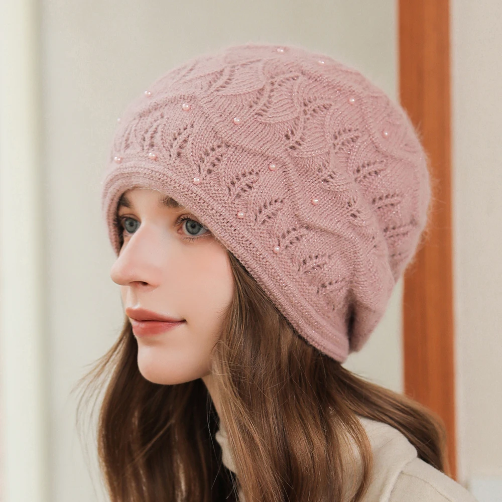 

New Women Winter Hat Street Fashion Rabbit Fur Blend Warm Beanie Hat For Female Girl Casual Pearl Decoration Knitted Hat