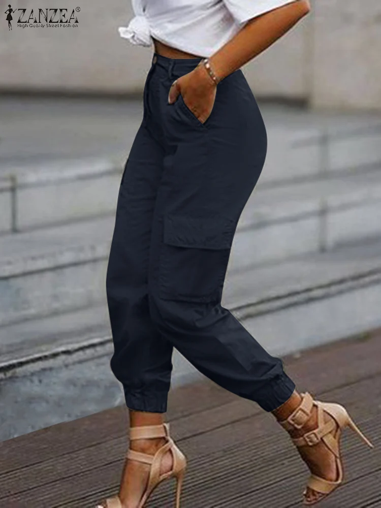 

Women Casual Solid OL Trouser ZANZEA Elegant Elastic Waist Pants 2022 Summer Holiday Beach Overalls Slim Party Pantalon Palazzo