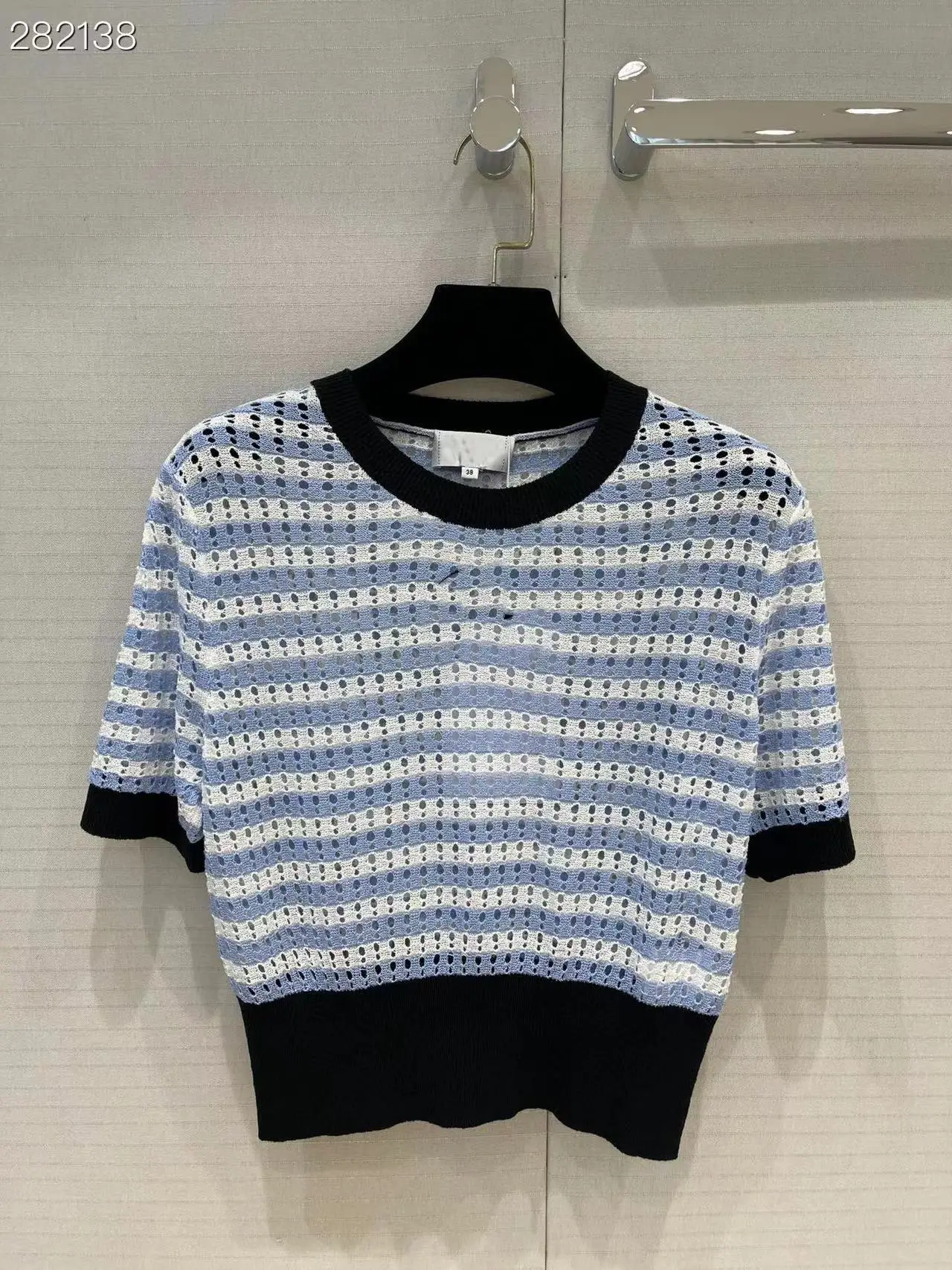 

High Quality Runway Design Sweater Women 2022 Summer Knitted Striped Hollow Out Femme Pullover Short Sleeves Sweater