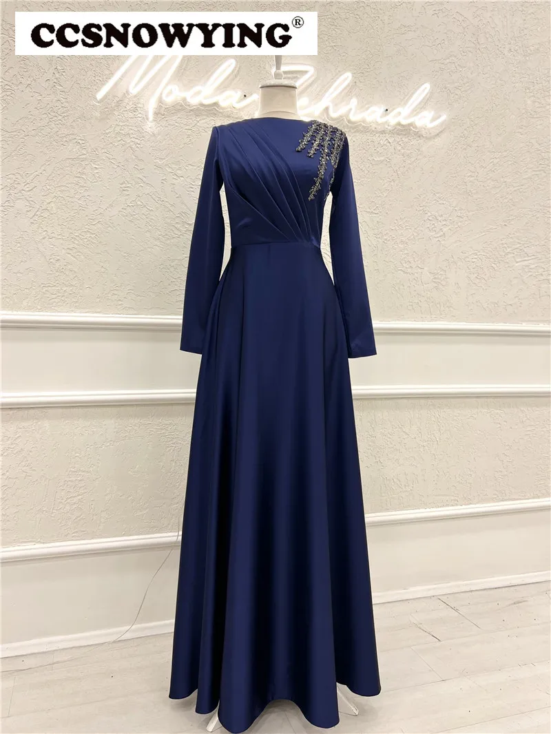 

Атласные вышитые бисером вечерние мусульманские платья с длинным рукавом исламские официальные платья с круглым вырезом Арабский Кафтан женские халаты для вечеринки