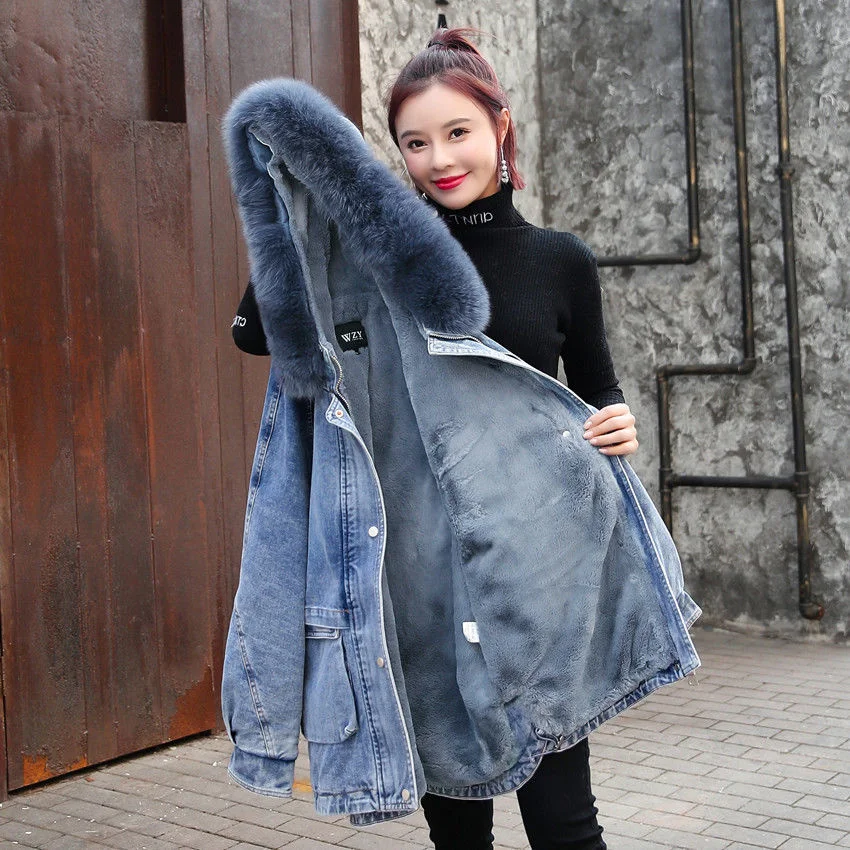 2022 Winter New Lamb Wool Medium Long Loose Hodded Jeans Coat Plush Thicken Denim Cotton Jacket Women's Casual Vintage Outerwear