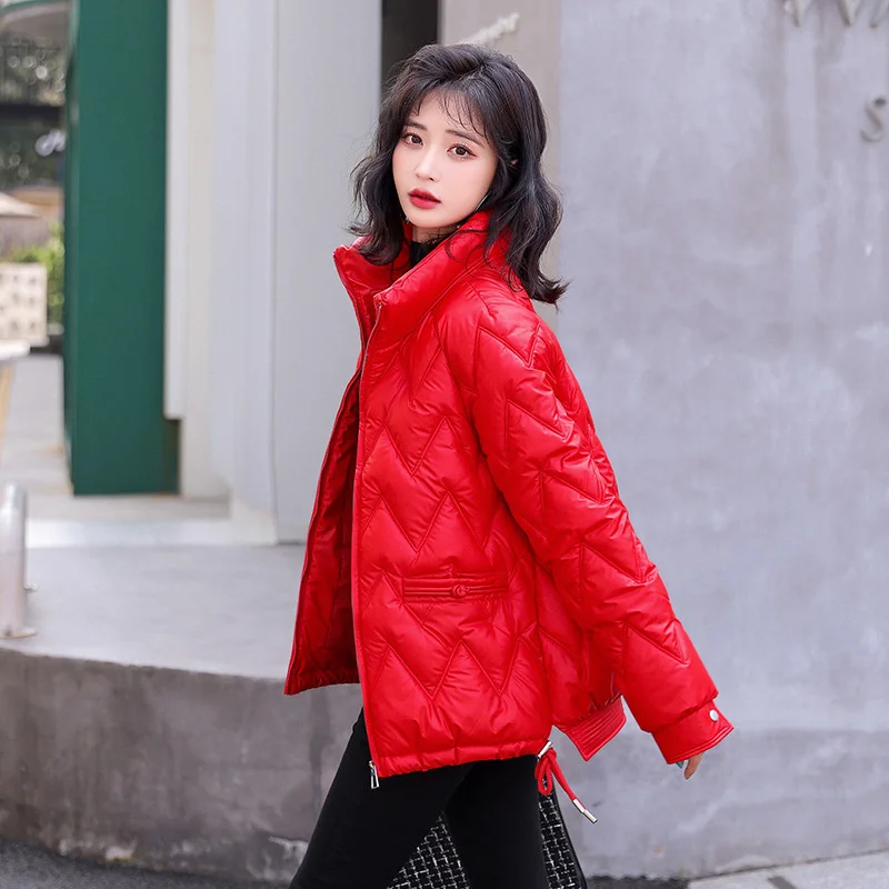 2022 Stand Collar Winter Jacket Women Bright Shiny Cotton Padded Warm Thicken Female Coat Short Parka Puffer Jacket