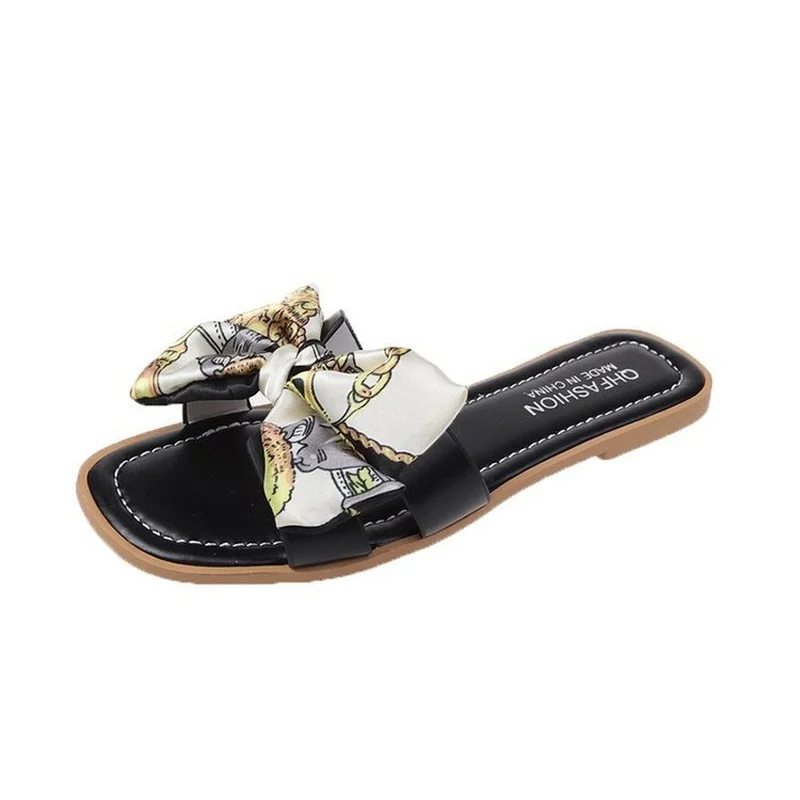

Flat Bottom Slippers Women Wear 2022 Summer New Square Head Bow One Word Slippers Women Sandals