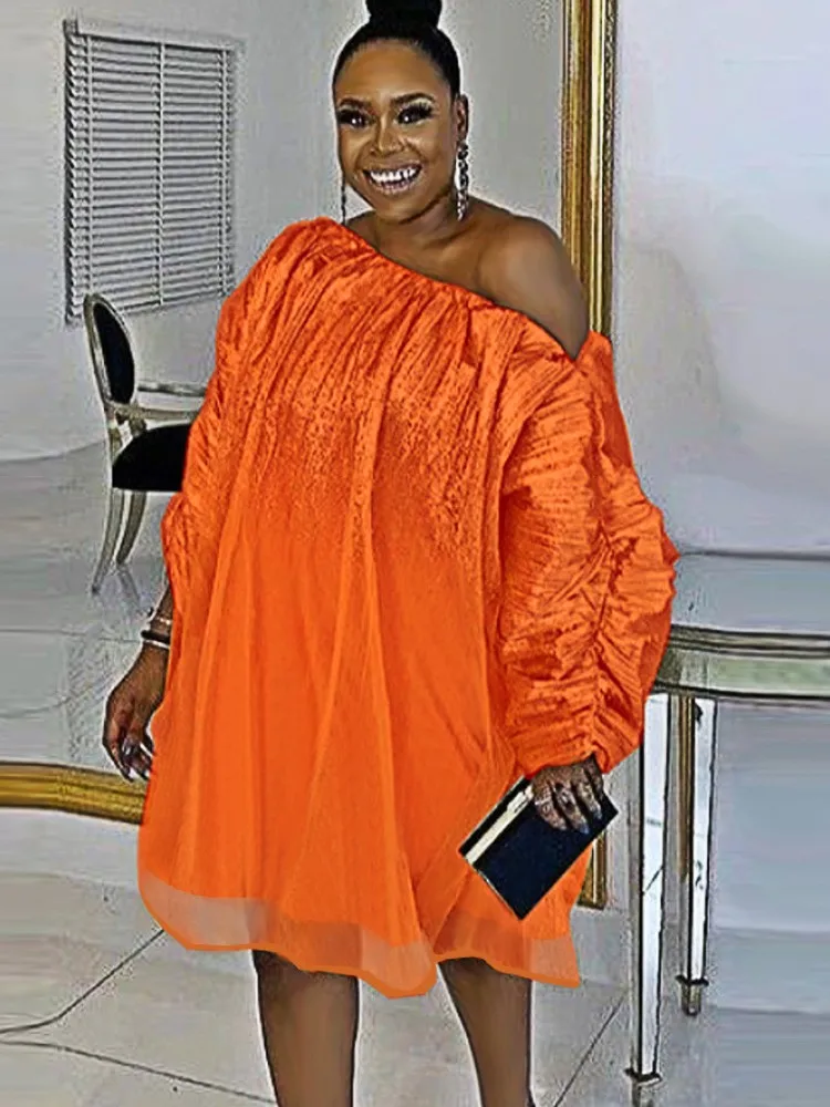 

5XL Plus Size Dresses Women Skew Neck Full Sleeve Ropa Mujer Summer New Solid Loose Street Style Sexy Big Size Short Dress 2022