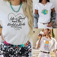 o neck white top women 2022 summer casual t shirt basic gobal travel pattern series print short sleeve tops ladies clothes