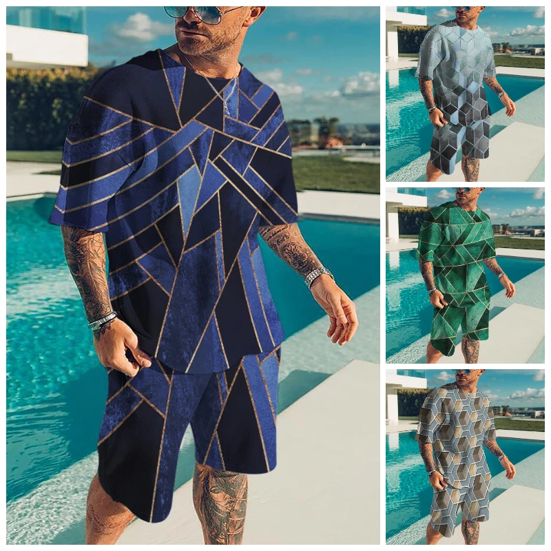 

2022 New Blue square 3D Summer Fashion Men's High Quality Sports T-shirt + Shorts SuitTracksuit Tees Men Oversizede Set Suits
