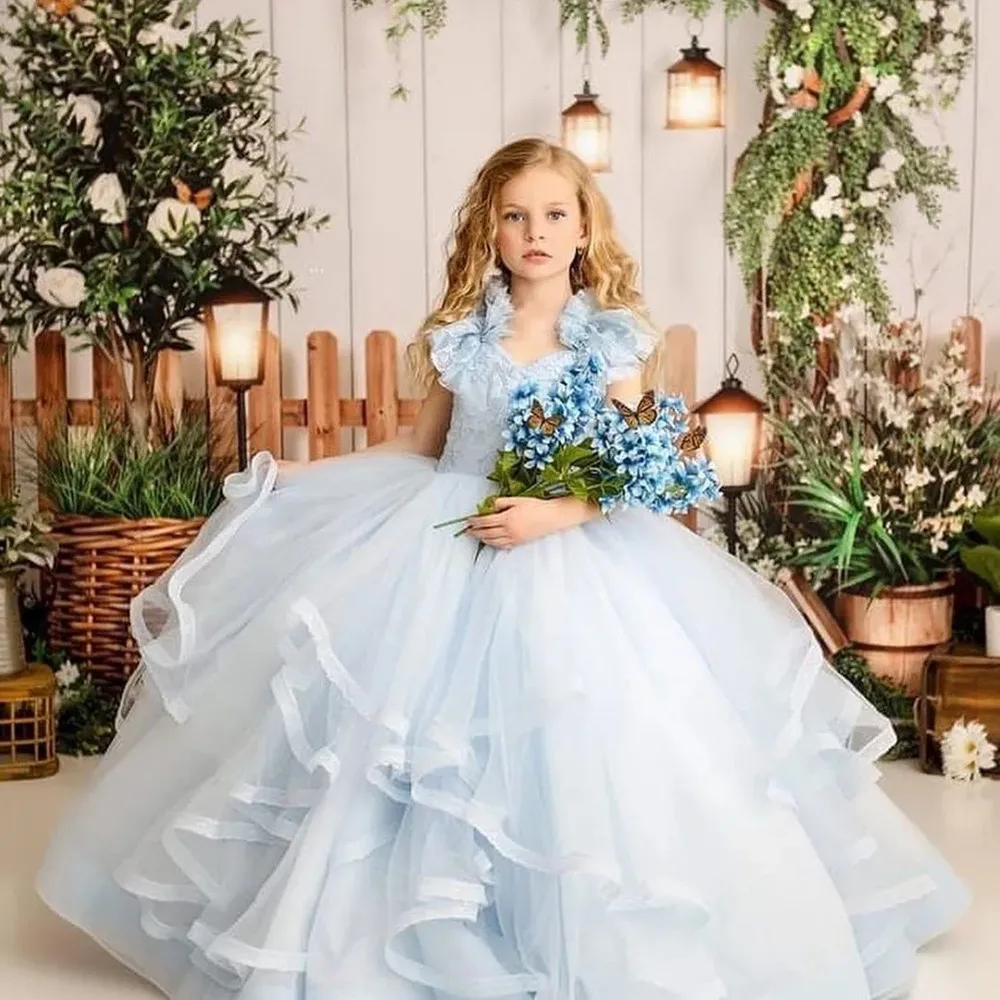 

New Light Blue Flower Girl Dress Wedding Party Tulle Organza Skirt Ruffled Princess Ball Gown Over flowing Floral Kids
