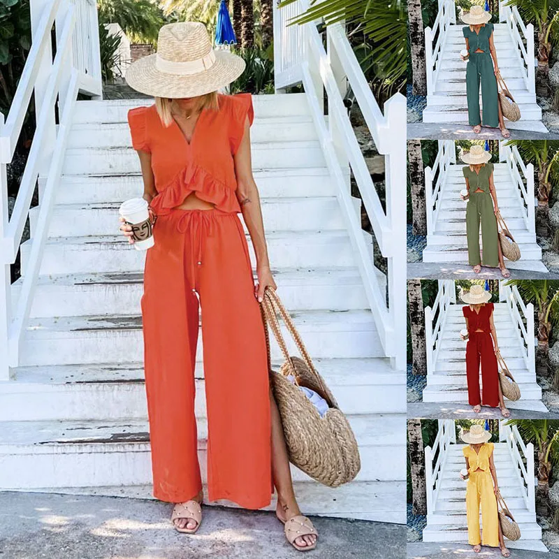 

Fashion New Women Cotton Linen Casual Solid Color 2-piece Set Summer Ladies Sexy V Neck Ruffled Tops Loose Wide-leg Pants Sets