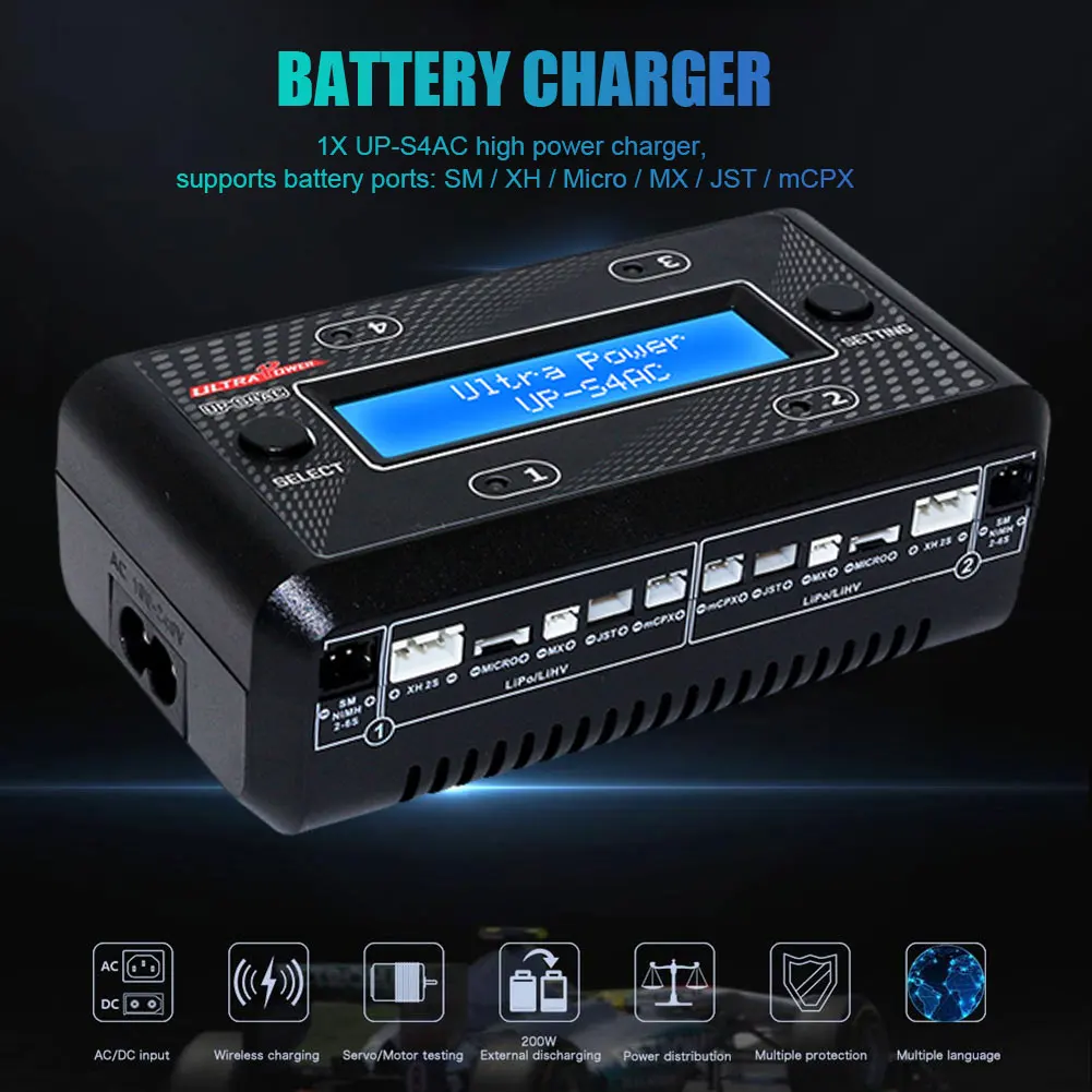 

Ultra Power UP-S4AC LCD Digital Display 4x7W 1A AC DC Battery Charger for 1S-2S LiPO/LiHV 2S-6S NiMH/NiCd RC Model Accessories