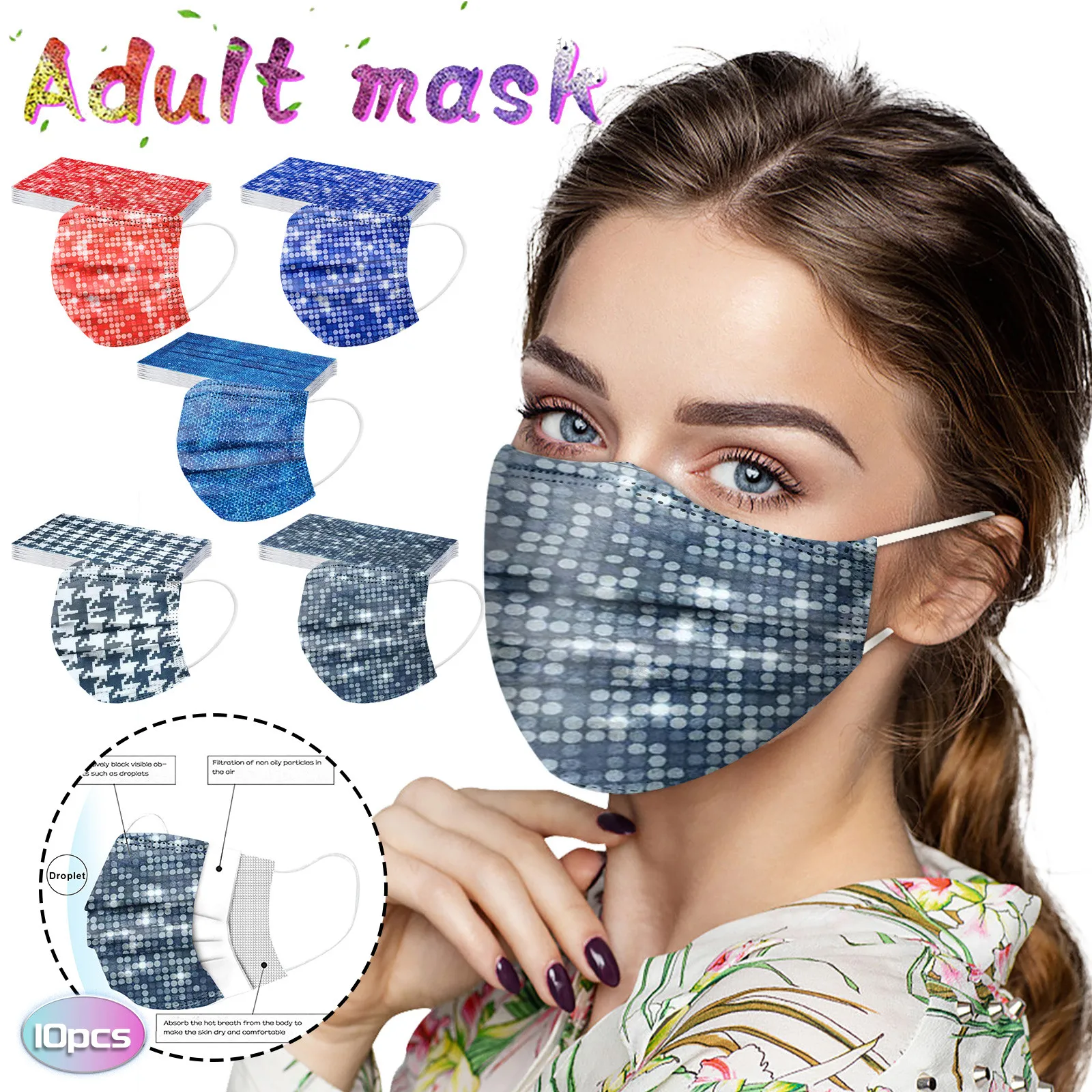

10pcs Adult Floral Printed Masks Mouth-muffle Disposable Flower Pattern Face Mask 3 Layer Ply Meltblown Cloth Filter Facemask
