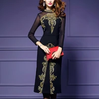 autumn and winter new style mesh long sleeved embroidered dress slim mid length sexy split skirt summer dress streetwear