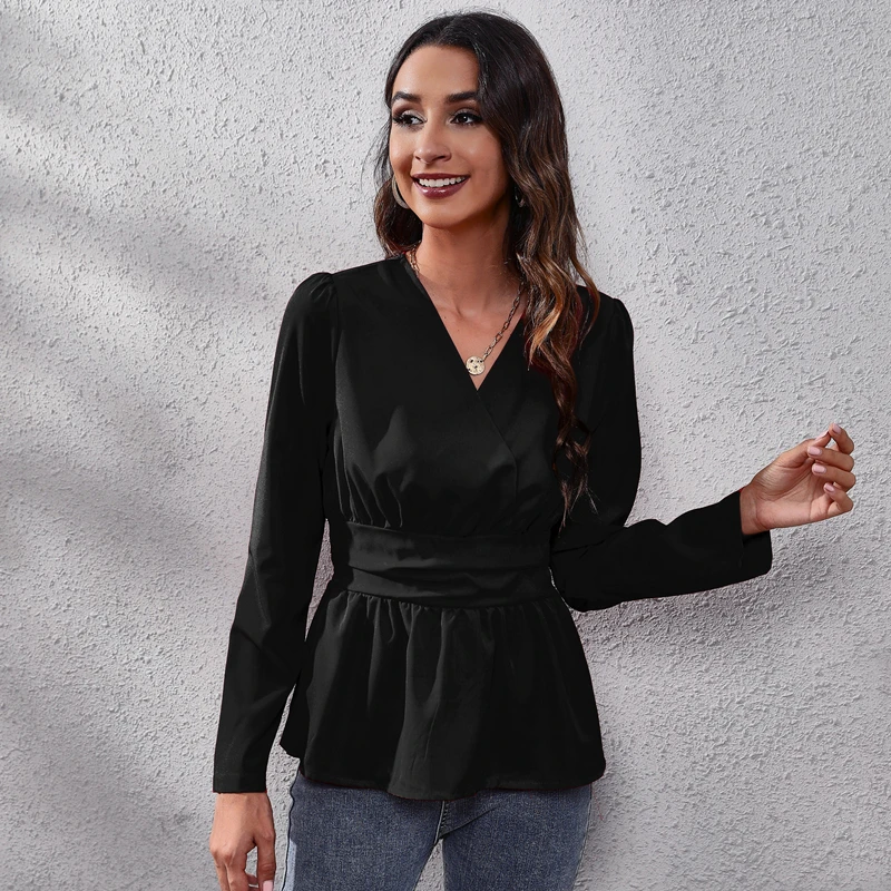 

Long Sleeve V Neck Top For Women Fashion Clothing 2022 Slim Waist Casual Blouse Black Red White Blouses Spring Summer Outfits